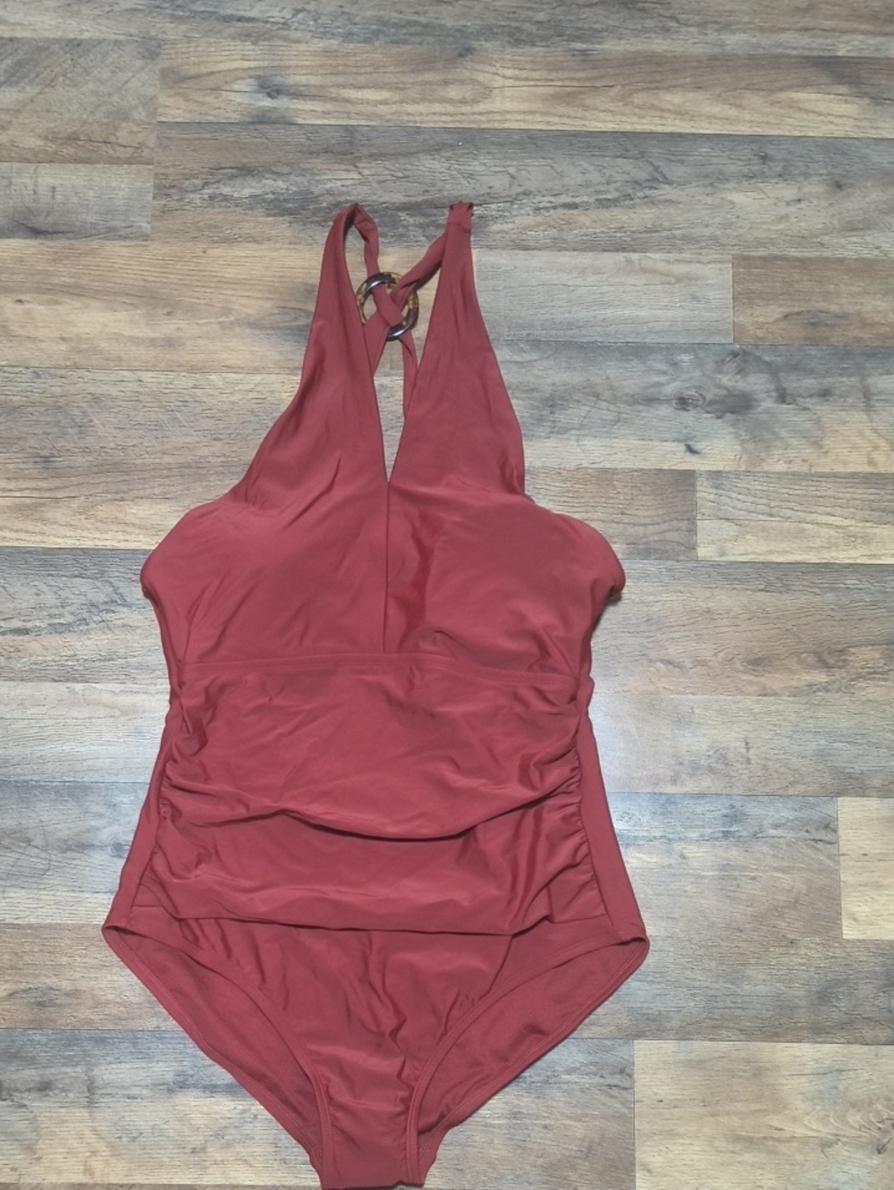 Kona Sol Deep V One-Piece Swimsuit in Rust Red